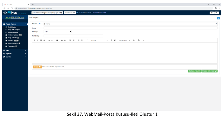 PTT KEP yeni ileti oluşturma ekranı